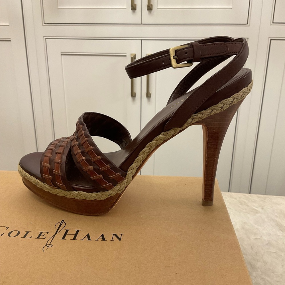Cole Haan woven brown leather ankle wrap heels with rope accents.